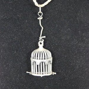 Birdcage Pendant Necklace Handmade Antique Silver Tone Brown Braid Leather Cord